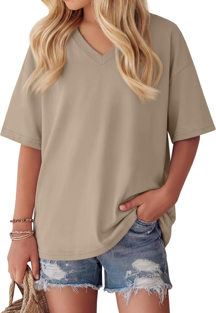 Oakgarden Girls' Shirts 5-14 Years Oversized Short Sleeve Summer T-Shirts V Neck Drop Shoulder Top Kids Casual Basic Cute Tee