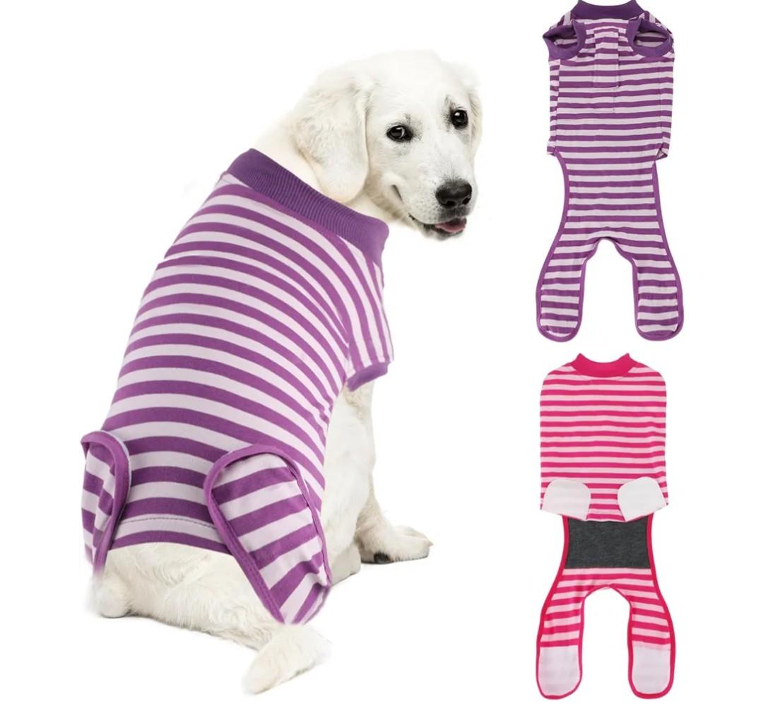 Packs Breathable Cotton Dog Recovery Suit for After Neuter Spay Abdominal Wounds Protector, Professional Anti-Licking Onesies for Male Female Pets Surgery Bandages, XL Purple & Pink Stripes
