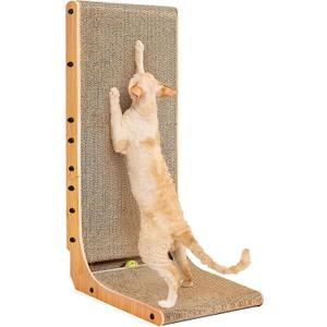 EHEYCIGA Cardboard Cat Scratcher for Indoor Cats, 32 Inch L Shaped Vertical Cat Scratching Board with Ball Cat Toy, Extra Large Cat Scratcher Pad, Brown