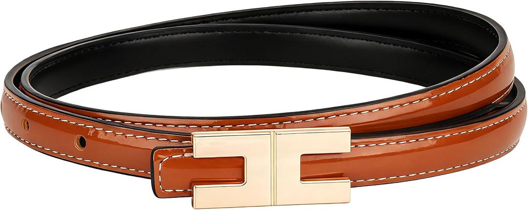 Women Skinny Leather Belt for Jeans Pants Dresses Ladies Thin Patent Leather Belt with Gold Buckle (Brown)