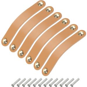 uxcell 6 Packs Leather Drawer Pulls, Double Hole Leather Drawer Knobs Furniture Dresser Handles Pulls with Screws for Dressers Drawers Closet Cupboard, Beige/Gold(Hole Spacing:128mm)