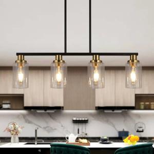 Island Lights for Kitchen, 4-Light Farmhouse Dining Room Light Fixtures Over Table, Matte Black and Gold Linear Chandeliers for Dining Room Industrial Pendant Lighting with Clear Glass Shade