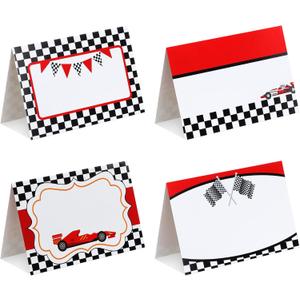 48 Pcs Race Car Food Labels Signs Folded Place Cards for Table Setting Blank Name Cards Birthday Party First Lap Around The Track Birthday Decorations