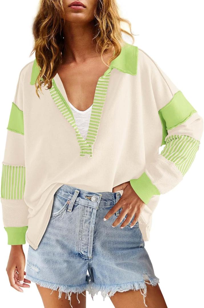 ReachMe Womens Oversized Striped Sweatshirts V Neck Loose Fit Tunic Colorblock Polo Shirts Patchwork Pullover Tops(Beige&Green, S)
