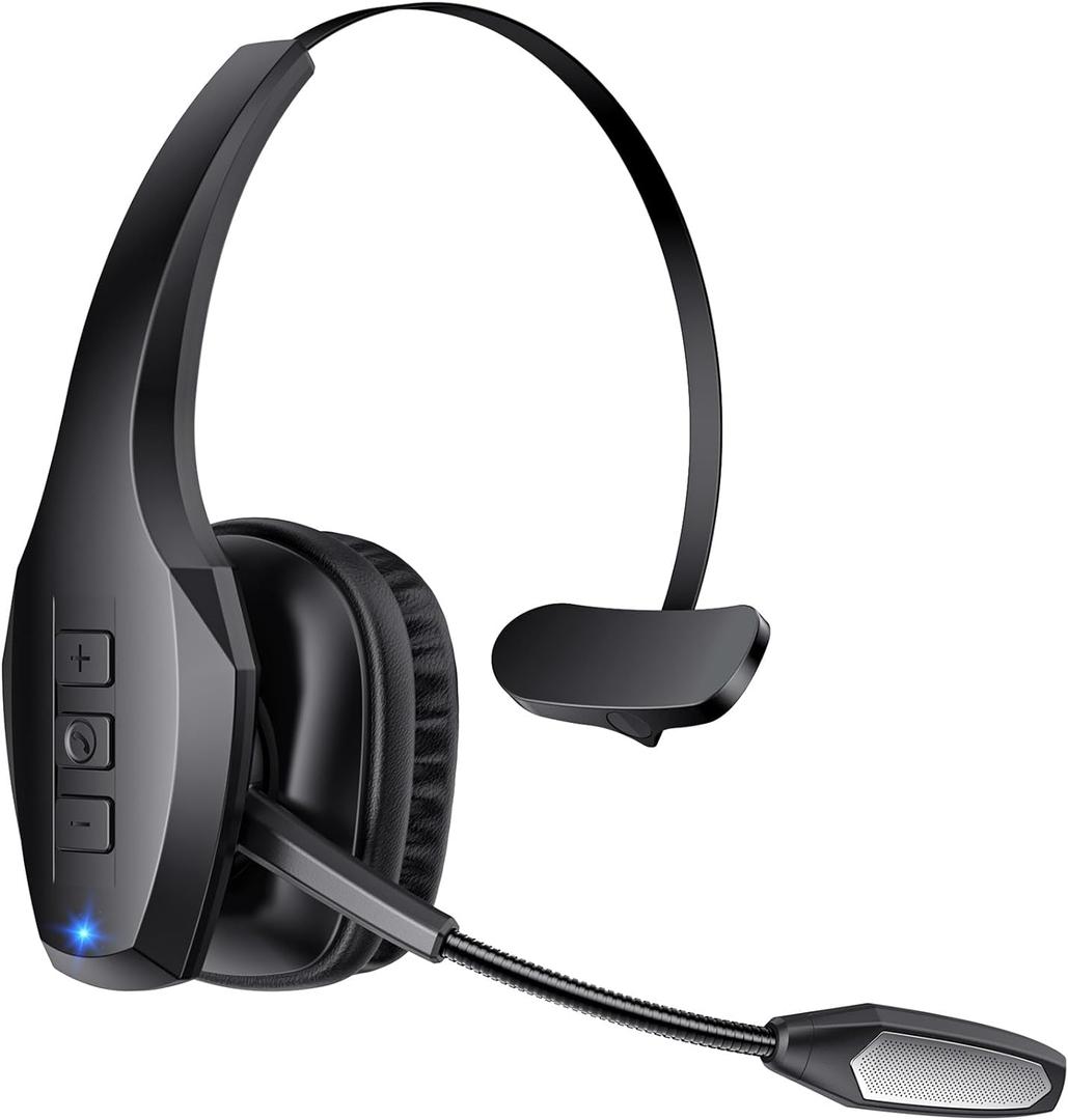 Trucker Bluetooth Headset, Wireless Headset with Mic, Bluetooth Headsets with Dual Noise Cancelling Microphone & Mute Button, 55Hrs Working Time PC Headsets for Cell Phones, Computer, Truck Driver (Black)