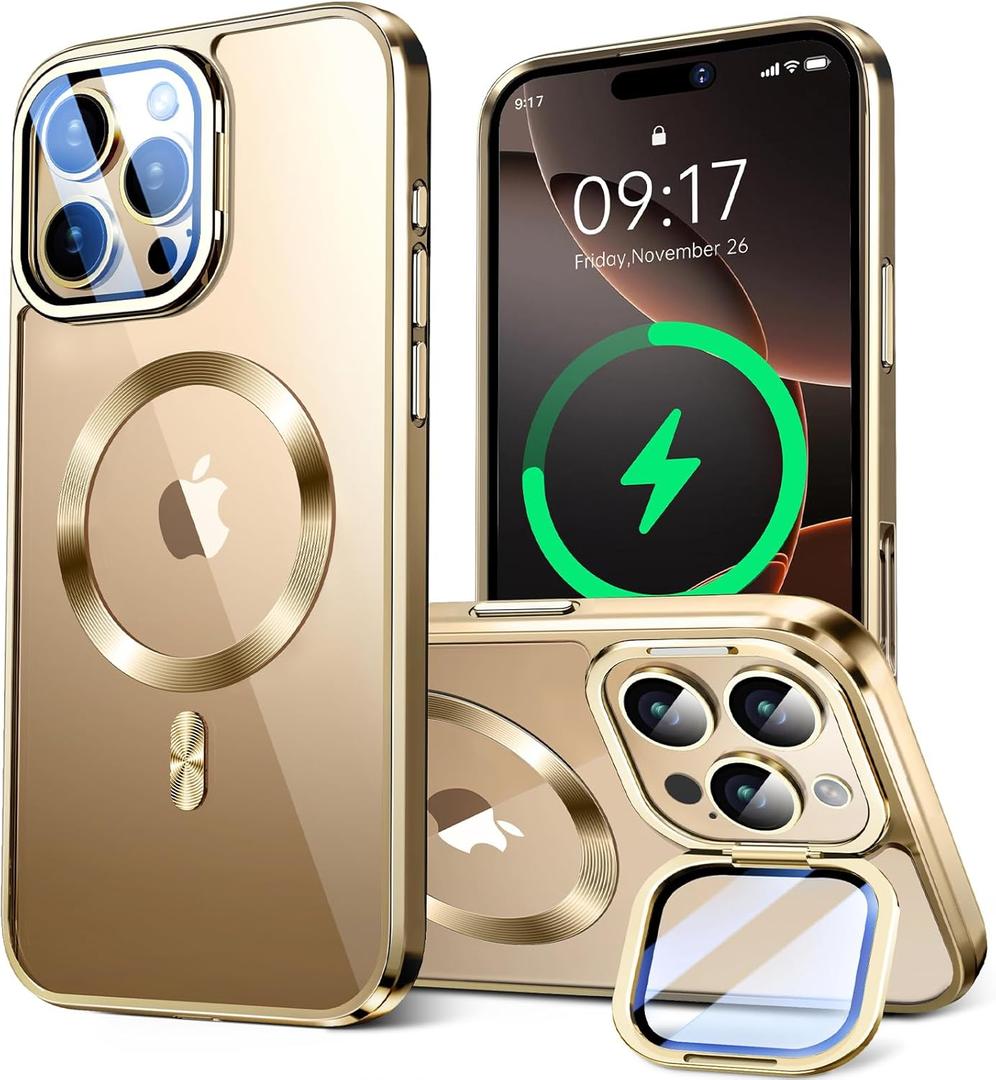for iPhone 16 Pro Max Case Compatible with Magsafe Accessories,Stash Stand 9H Lens Protection,Slim Phone Case Military-Grade Shock Anti Yellowing Transparent Case 6.9"-Gold