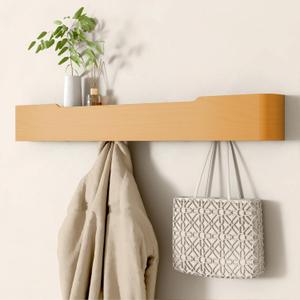Wall Mounted Coat Rack with Shelf, Wooden Entryway Organizer with Hidden Metal Hooks for Hanging Coats Bags Keys, Modern Floating Shelf for Hallway Bathroom
