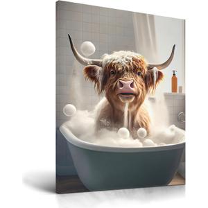 UPWOIGH Bathroom Wall Art, 12x16in Highland Cow Wall Decor,Waterproof Wood Framed Canvas Wall Art, Cute Funny Animal Bathing Abstract Prints,Modern Home Dcor for Bedroom Classroom Farmhouse Gift