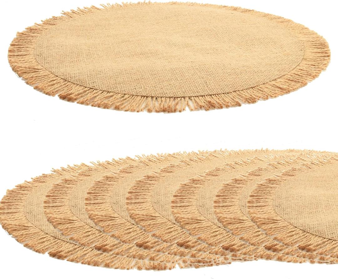 Thanksgiving Placemats Set of 8 Decorations, Burlap Round Place Mats Table Decor - Boho Natural Jute with Fringe Table Mats for Thanksgiving Party, Rustic Farmhouse Table Indoor & Outdoor
