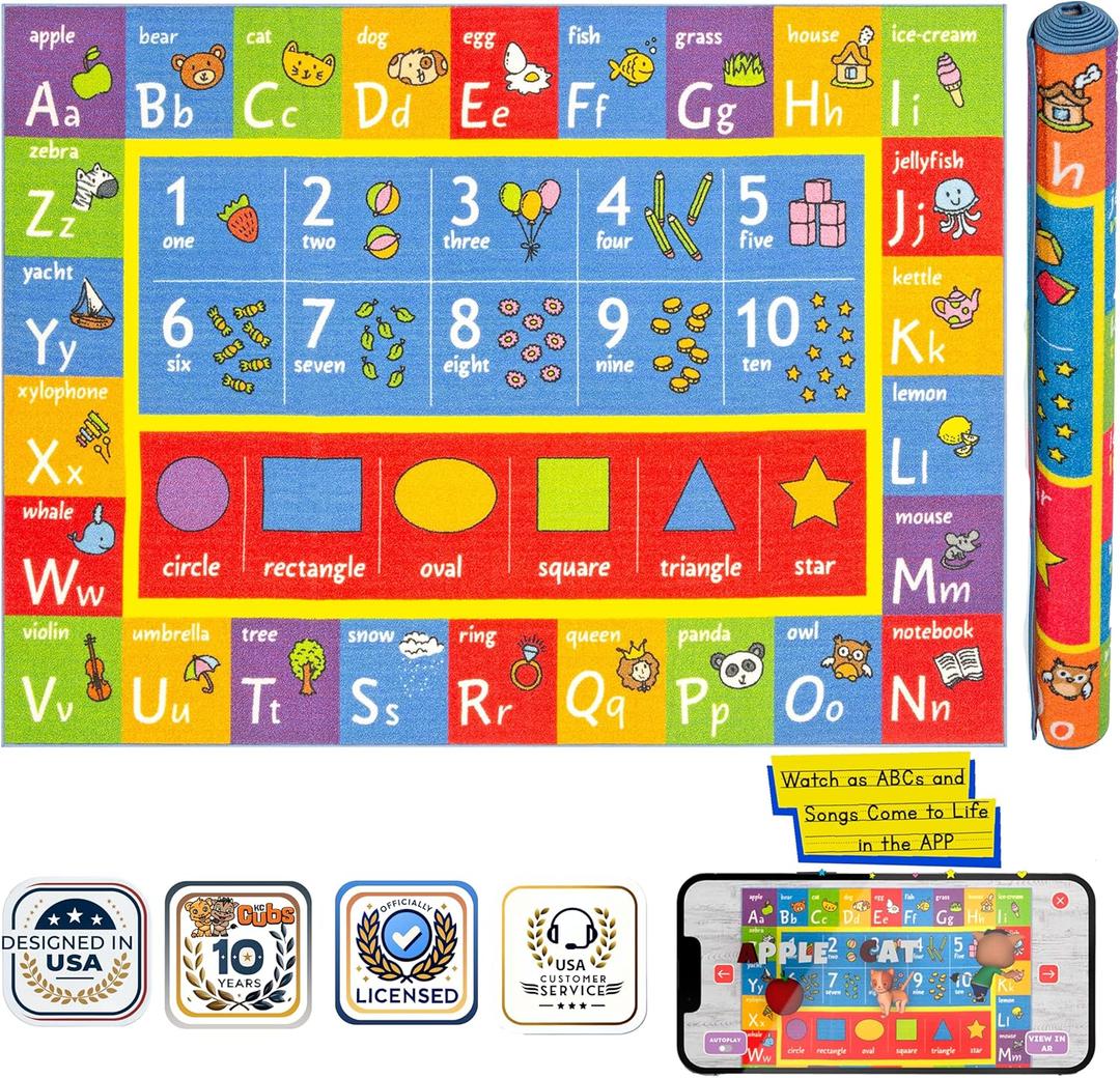 KC Cubs ABC Alphabet, Numbers & Shapes Educational Learning & Fun Game Play Area Rug for Kids Bedroom, Toddler Classroom and Baby Playroom (5' x 6'7" (Rectangular))