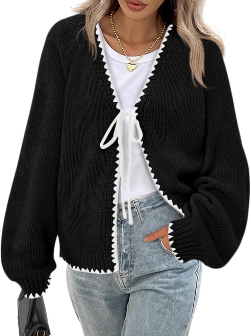 PRETTYGARDEN Womens Fall Cardigan Sweaters 2026 Long Sleeve Open Front Tie Knit Loose Cute Lightweight Sweater (Small, Black)