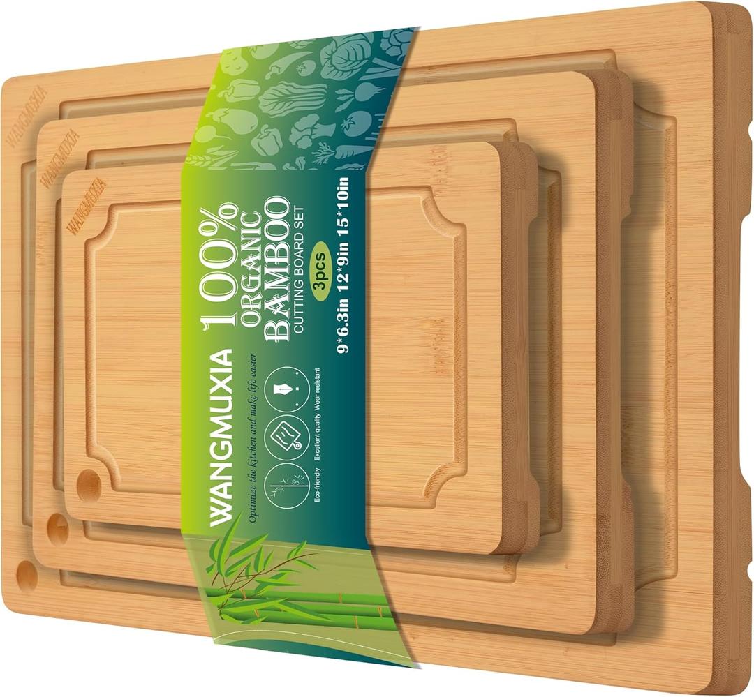 Durable Bamboo Cutting Boards for Kitchen  3-Piece Set with Deep Juice Grooves, Carbonized Surface & Heavy-Duty Design, Perfect for Charcuterie, Meat, and Vegetables