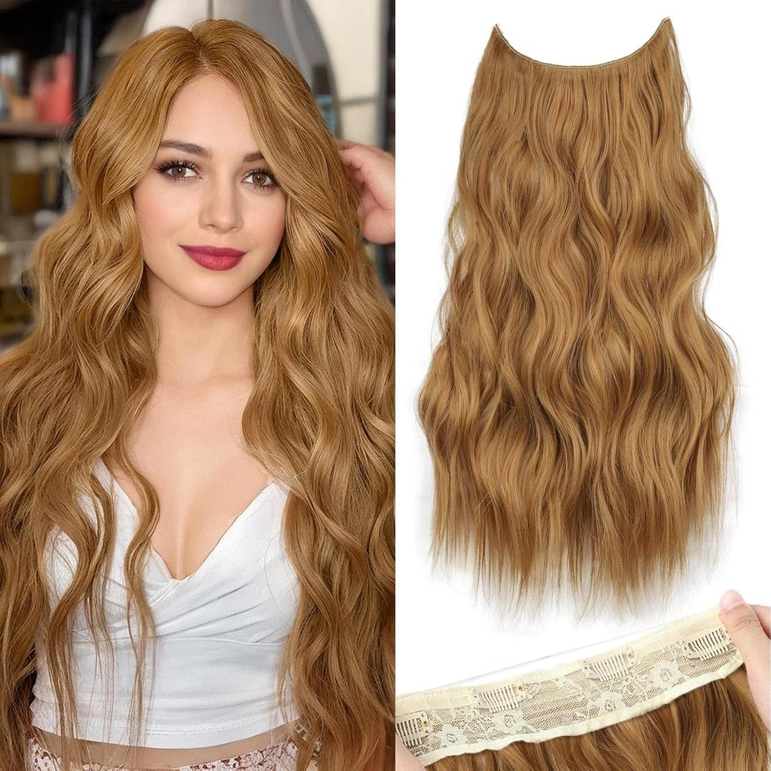 KooKaStyle Invisible Wire Hair Extensions with Transparent Headband Adjustable Size 4 Secure Clips Long Wavy Highlight Hairpiece 20 Inch Medium Reddish Blonde for Women