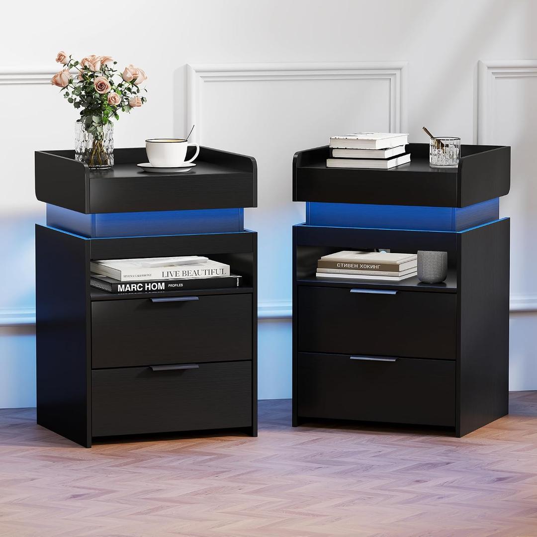Black Nightstand Set of 2 with Charging Station, Hidden Sliding Top Compartment with USB-C, 2 USB Ports & 2 Outlets, Modern Night Stand with Drawers for Bedroom, 2 Drawer-Inside Charging