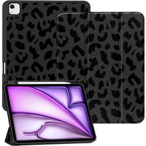 Compatible with iPad Air 13 Inch M4 2026/ M3 2025/M2 2024 Case with Pencil Holder TPU Back Case Auto Sleep/Wake Cover Cute Women Men Girls-Black Leopard Cheetah