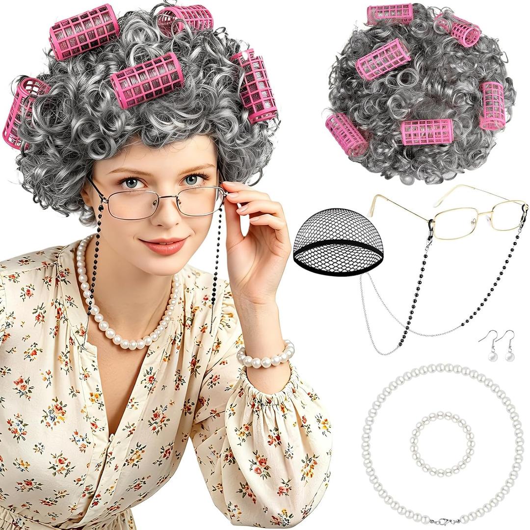 MEEZY Light Gray Curly Wig Old Lady Costume Set, Grandma Wig Granny Glasses Eyeglasses Chain Necklace Bracelet Earring Old Women Fun Costume Accessories for Halloween Cosplay