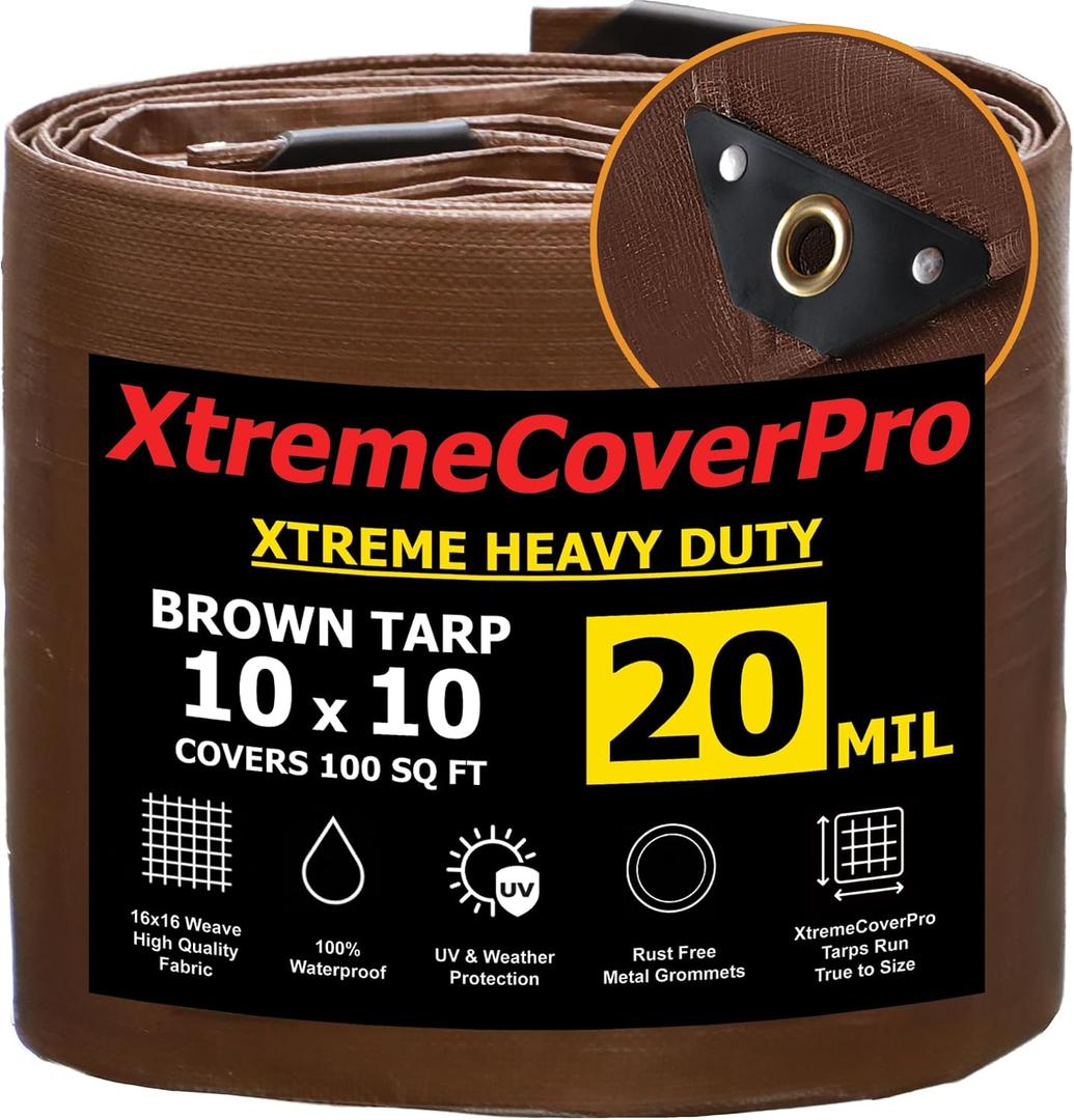 10' x 10' Brown Super Ultra Heavy-Duty Tarp 20 Mil Waterproof & UV-Resistant 10x10 - Large Outdoor Tarp, Waterproof Cover for Rain Camping, Tent, UV Protection, Reinforced Corners