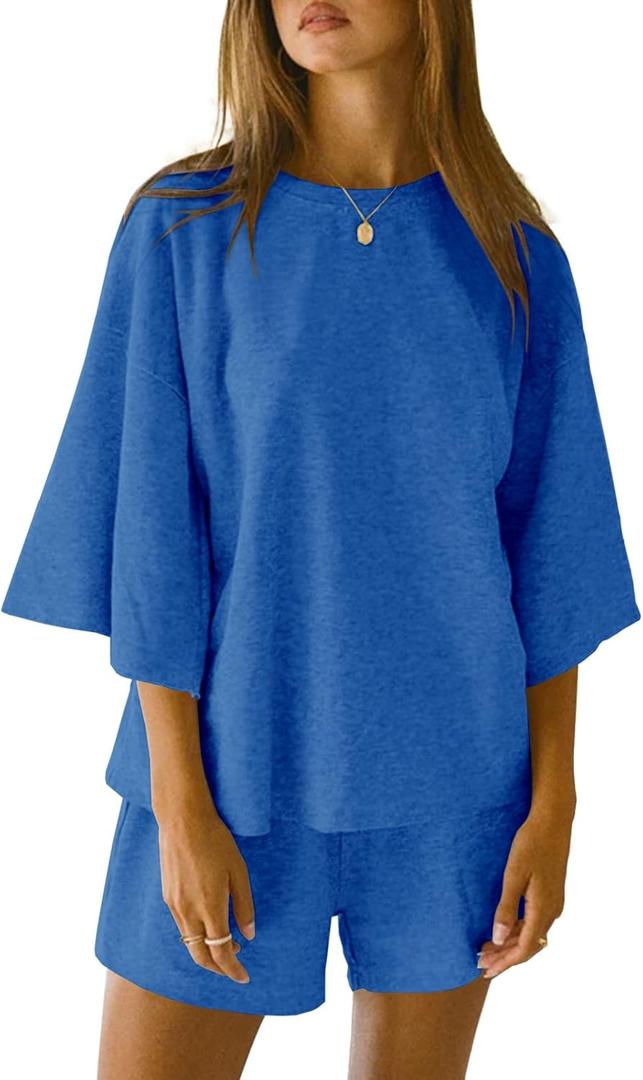 Tankaneo Womens Pajama Sets 3/4 Sleeve Oversized Tops and Elastic Waist Shorts Lounge Sets Loungewear (Small, Blue)