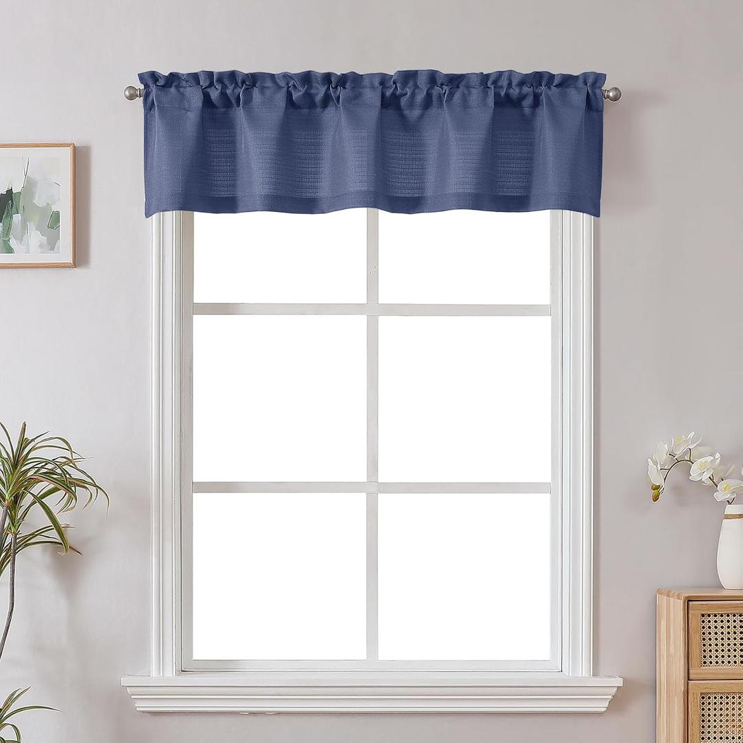 Chyhomenyc Blue Valance for Windows, Light Filtering Faux Linen Solid Short Curtain Valance, Burlap Decorative Small Curtain for Kitchen Bathroom Laundry Basement, 60Wx12L inch, 1 Piece