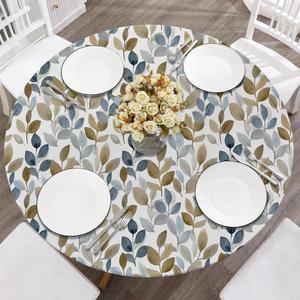 REDAMANCY Watercolor Blue Brown Leaf Rustic Round Fitted Tablecloth with Elastic Edge Waterproof Oil Proof Table Cover Cloth Round Tables for Dinner, Outdoor, Picnic (Fitted to 36"-44" Diameter)