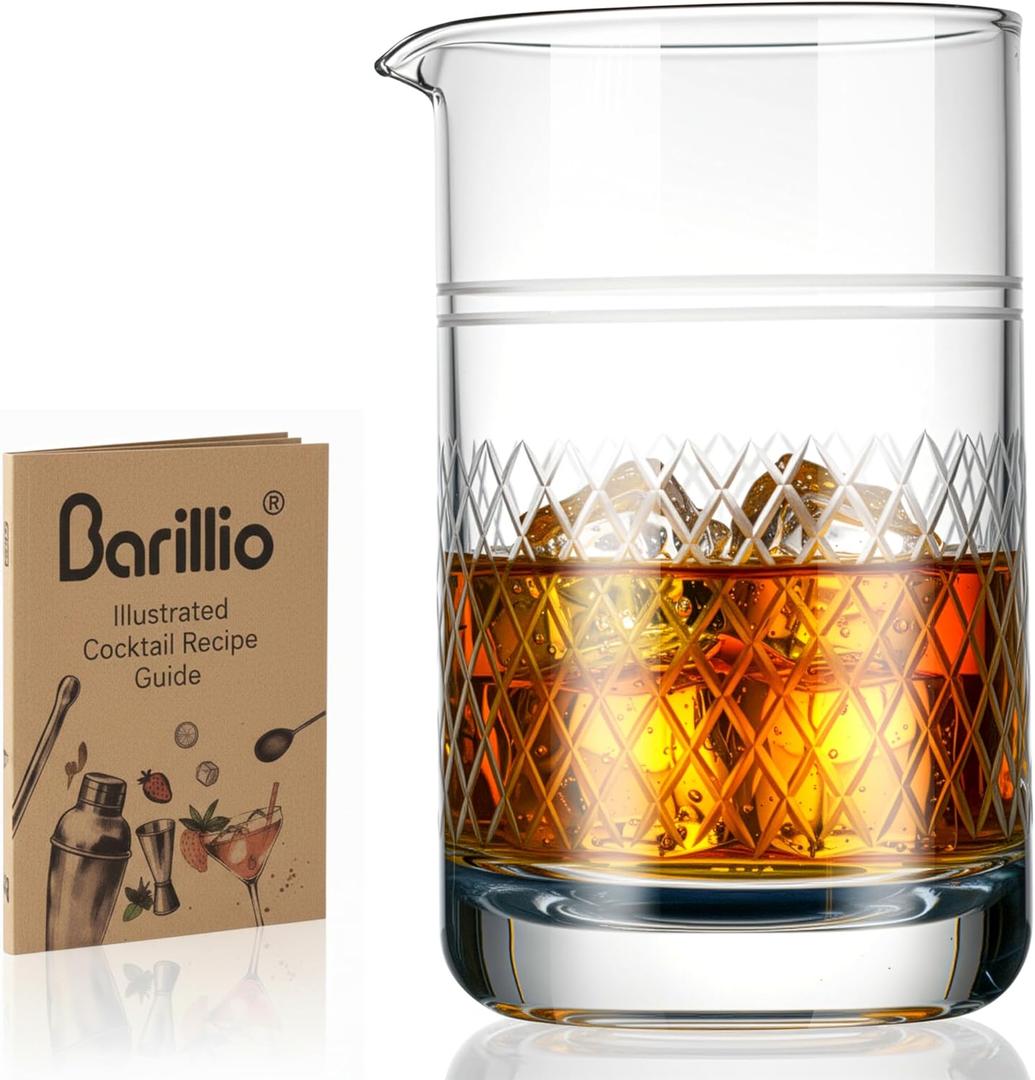 Barillio Crystal Cocktail Mixing Glass - 20 Oz (600 ml) Seamless Weighted With Thick & Sturdy Bottom Cocktail Stirring Pitcher | Old Fashioned Beaker - Bartender Mixology Accessories to Stir Cocktails