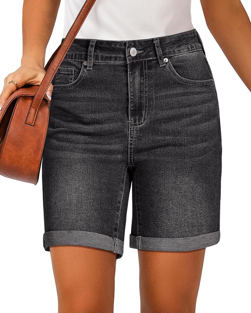 luvamia Jean Shorts for Women High Waisted Trendy Causal Summer Fold Hem Stretchy Long Denim Shorts 7 Inch Inseam, Extra Large, Washed Black 