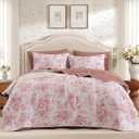 Andency Flower Queen Quilt Set, 3 Pieces Pink Soft Floral Bedspread, Queen-XL