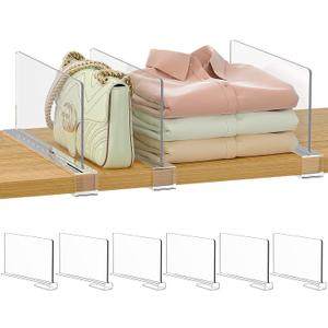 Purse Organizer for Closet Shelf Dividers: 6-inch Tall(Shorter Version) Adjustable Clear Acrylic Bag Storage Organizer for Handbags, Sweaters, Towels, Jeans and Shoes on Wood Shelves 6-Pack