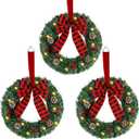 ATDAWN 3 Pack Mini Christmas Wreath, Lighted Christmas Front Door Wreath, Xmas Wreath for Holiday Christmas Party Decorations (Plaid Bow)