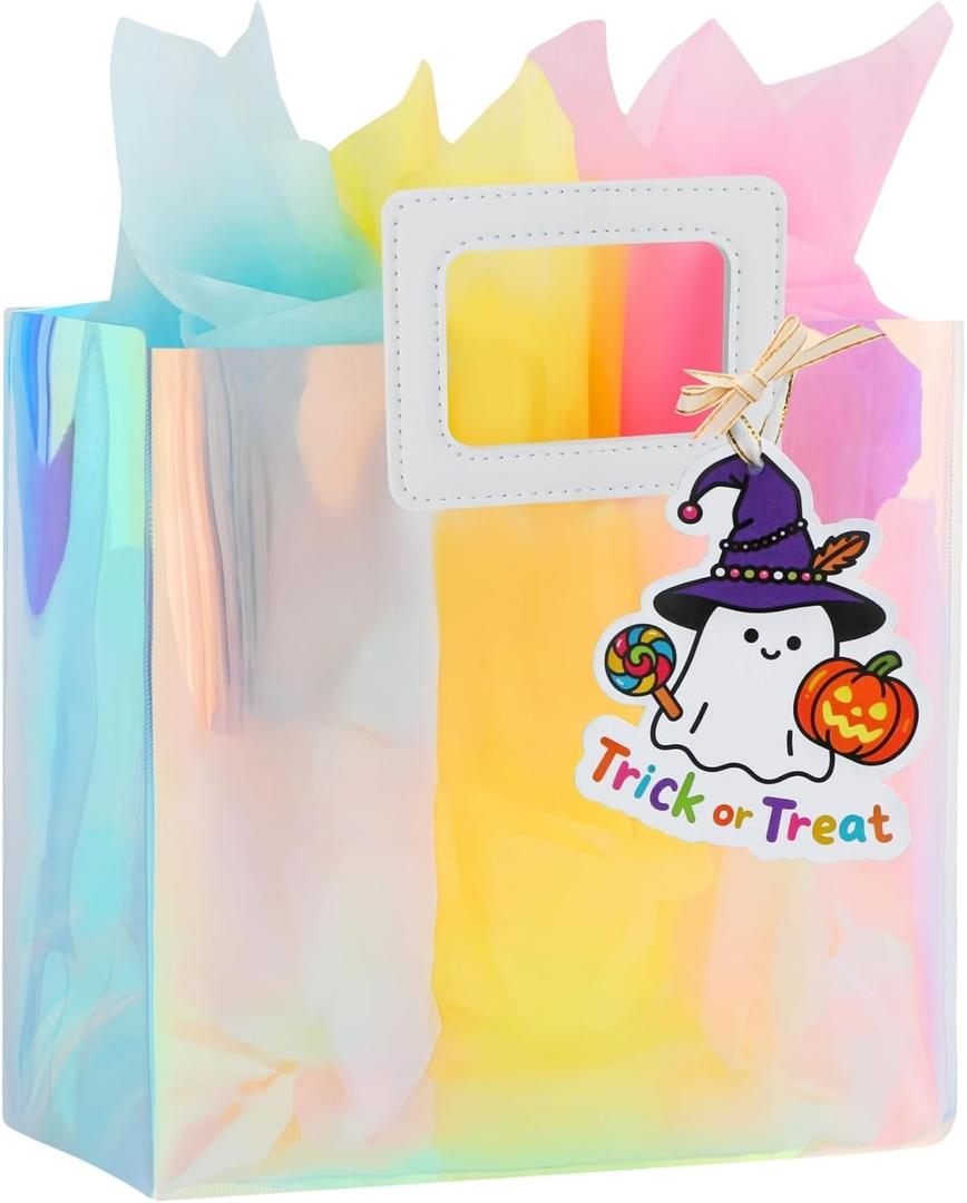 3 x VUOJUR 8.3'' Holographic Small Halloween Trick or Treat Bag for Girls Her with Tissue Paper and Little Ghost Gift Tag (1 Count (Pack of 1))