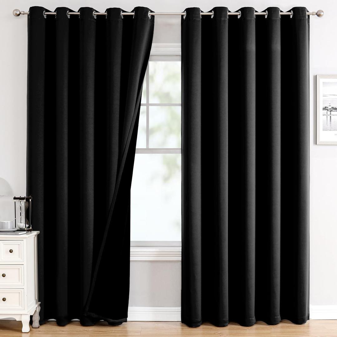 ChrisDowa 100% Blackout Curtains 84 inch Long for Bedroom with Black Liner, Extra Wide 2 Thick Layers Total Blackout Thermal Insulated Grommet Window Curtains 2 Panels Set (Black, 60 x 84 Inch) (60"W x 84"L (Pack of 2))
