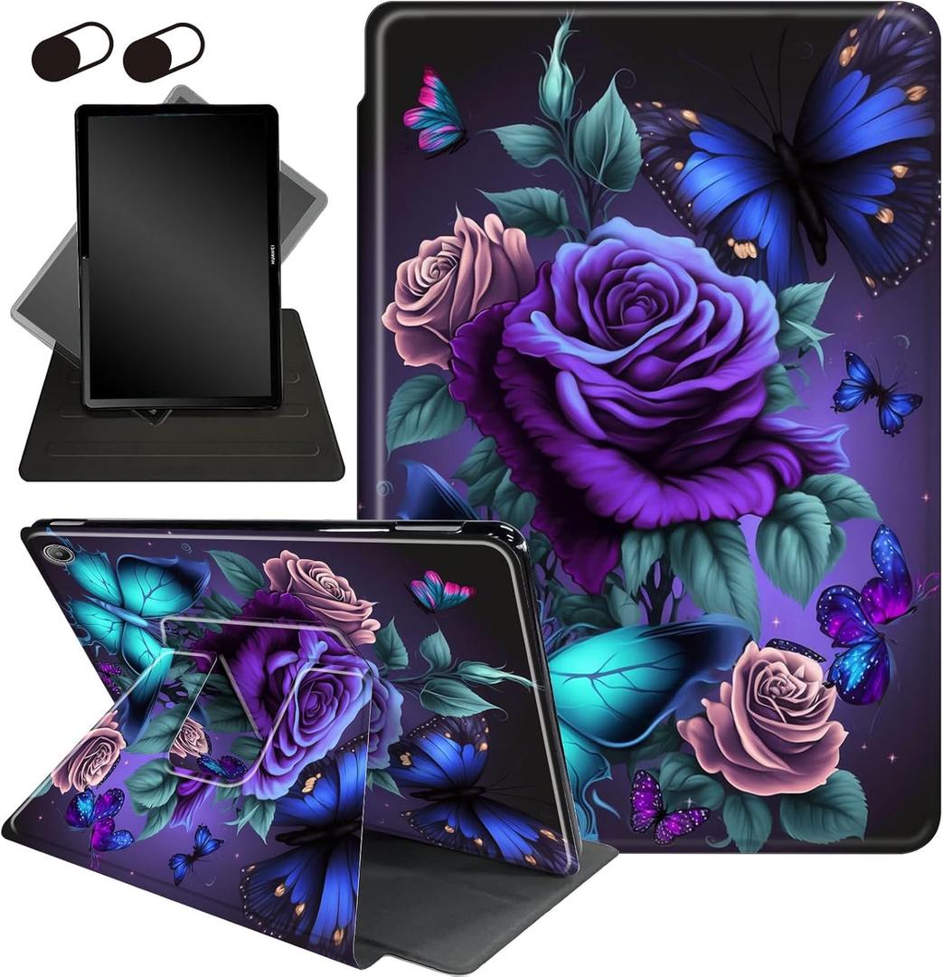 Case for All-New Amazon Fire Max 11 Tablet (13th Generation, 2023 Release), 360 Degree Rotating Stand Smart Protective Cover Case, for Fire Max 11 2023 (13th Generation), Blue Pink Roses Butterfly