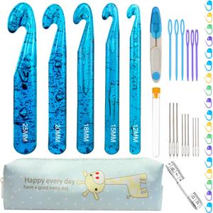 43 Pcs Large Crochet Hooks Set,12mm 15mm 18mm 20mm 25mm Large Crochet Hooks for Chunky Yarn,Plastic Crystal Smooth Big Crochet Needles for Handmade DIY Crochet with Storage Bag (Blue)