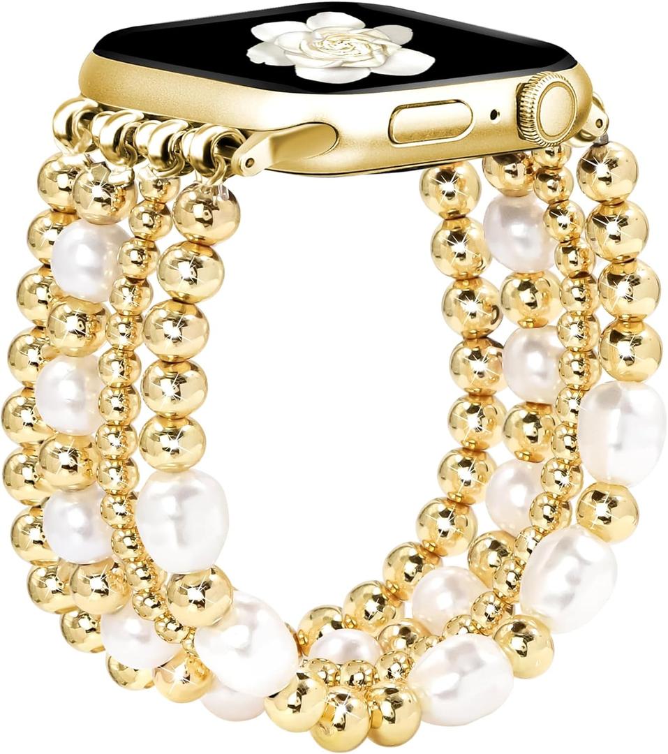 JR.DM Gold Beaded Bracelet Bands Women Compatible with Apple Watch 42mm(S3/2/1) 44mm 45mm 46mm 49mm Dressy Pretty Stretchy Elastic Jewelry Strap for iWatch Series 11/10/9/8/7/6/5/4/3/2/1/SE/Ultra