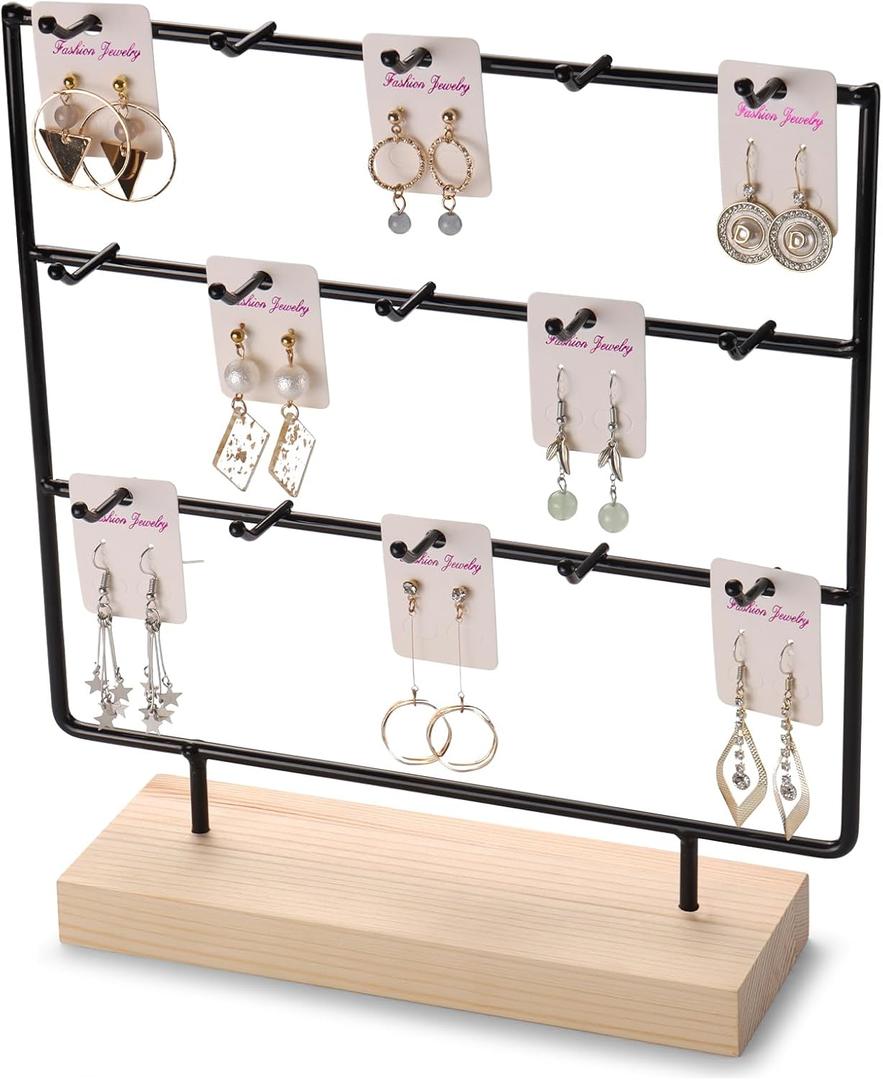RUINENGDA Earring Display Stands for Selling 3 Tier 15 Hooks Jewelry Display Wooden Base Earring Holder Organizer Display Stand for Necklaces Rings Bracelets Keychains (Black)