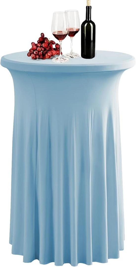 1 Pack Spandex Stretch Round Table Covers with Skirt - 32x43 Inch Fitted Elastic Cocktail Tablecloth for High Top Bar, Party & Wedding Decor, Light Blue