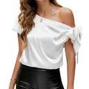 VIDUSSA Women's Off Shoulder Silk Tops Casual Short Sleeve Asymmetrical Neck Satin Blouse Shirts, XXL White
