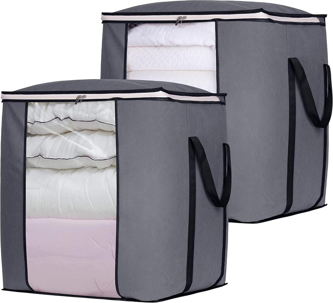 SLEEPING LAMB 120L Extra Large Blanket Storage Bags Breathable Clothes Storage Containers for King Comforter Bedding Pillow Sheet, Grey, 2 Packs