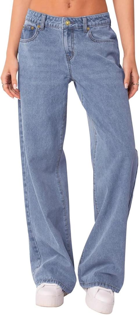 NIMIN Womens Mid Waist Boyfriend Jeans Summer Casual Lounge Loose Straight Wide Leg Y2K Pants with Pockets (Blue, S)