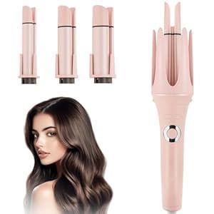 JAMIEWIN 3 in 1 Automatic Curling Iron, Hair Curlers with 3 Curling Barrels (1.1" - 1.26" - 1.57"), Rotating Curling Iron with 3 Temp, 2-Way Rotation, 10S Fast Heating, Anti-Scald, Dual Voltage, Pink