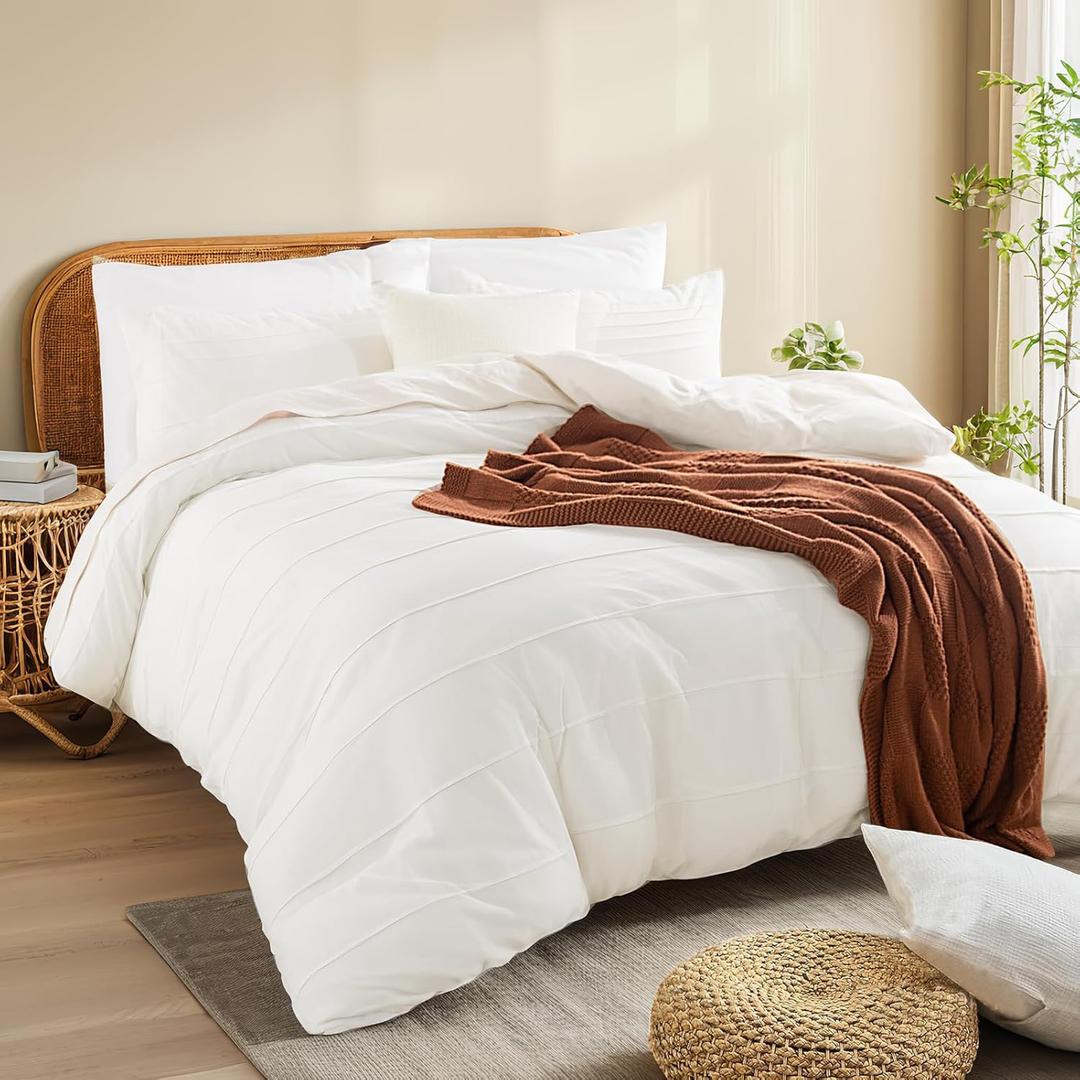 NEXHOME PRO 100% Organic Cotton Duvet Cover Full Size, Linen Like Pleated Textured White Duvet Cover Set, 3pc Bedding Set with Zipper Closure, Soft, Lightweight and Breathable (80"x90", No Comforter)