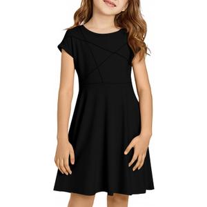 Haloumoning Girls Summer Short Sleeve Dresses Kids Pleated Skater Twirl A Line Dress with Pockets 13-14 Years