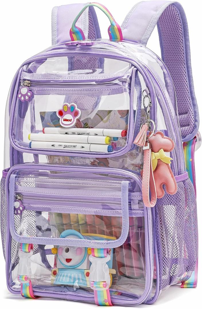 Maod Clear Backpack Heavy Duty Stadium Approved PVC Transparent Large School Book Bag with Free Sticker and A Pendant (Purple)