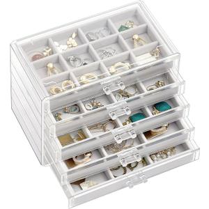 ProCase Earring Holder Organizer Jewelry Box with 5 Drawers, Acrylic Clear Earring Case with Adjustable Velvet Trays for Women - Grey, 5 Layers