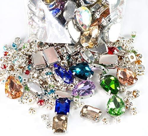 Sew On Rhinestones, Choupee 130PCS Sew On Glass Rhinestone Metal Back Prong Setting Sewing Claw Rhinestone Mixed Shapes for Costume, Clothes, Garments, Dress, Earring, Belt and Shoes