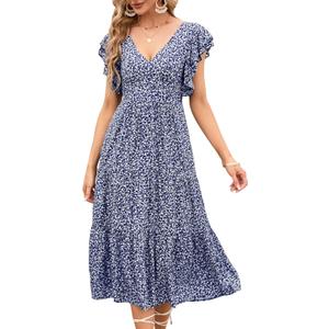 Womens Off Shoulder Summer Dresses Square Neck Short Sleeve Tie Backless Ruffle A Line Casual Layer Mini Dress Larg