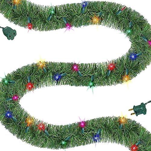Biswing 15 FT Pre-lit Christmas Green Garland, Lighted Artificial Pine Garlands with 35 Count Multicolor Lights, Connectable & Light Up for Indoor Outdoor Gate Home Winter Holiday New Year Decor