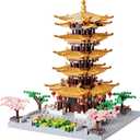 Chinese Architecture Building Block Set, Yellow Crane Tower with Cherry Blossom Tree Micro Building Kit for Adults, Collectible Miniature Model, Historic Temple Landmark DIY Creative Gift ( 2200PCS )