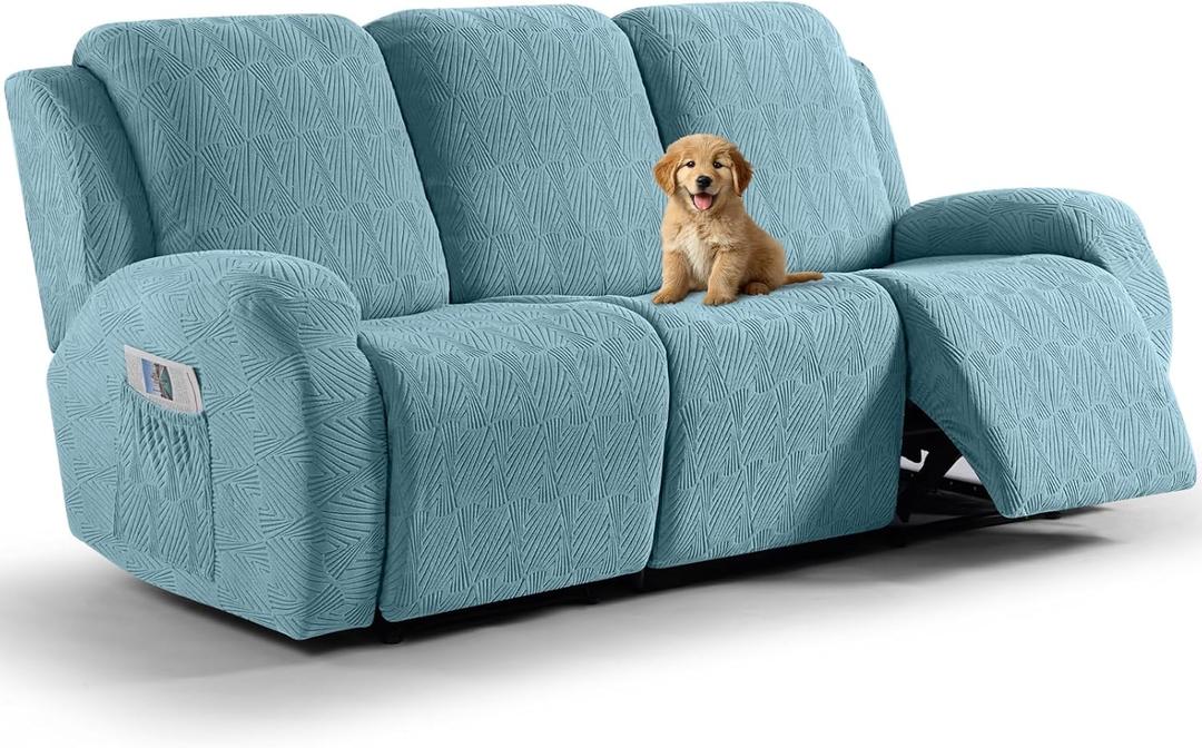 VANSOFY Recliner Couch Cover, 8-Pieces Stretch Recliner Sofa Cover Soft Jacquard Reclining Slipcover Furniture Protector with Elastic Bottom for Kid, Pets(3 Seat,Light Blue)