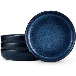 E-far Pasta Bowls Set of 4, 35oz Ceramic Large Salad Plate Bowls for Kitchen, Wide and Shallow Design for Serving Soup Pasta, Double Reactive Glaze, Dishwasher & Microwave Safe, Deep Sea Blue
